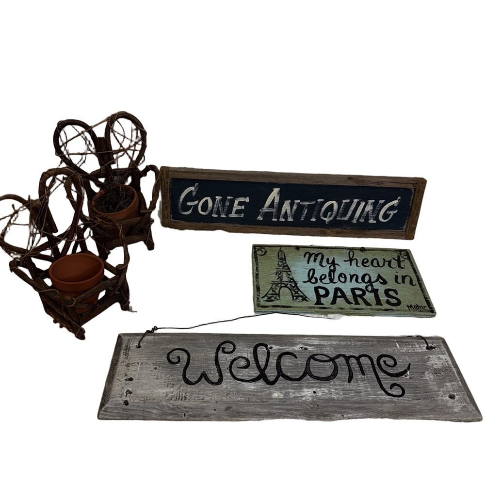 5 Pcs Decorative Wooden Signs and Twig Chairs Bundle of 5 Vintage Decor NEW